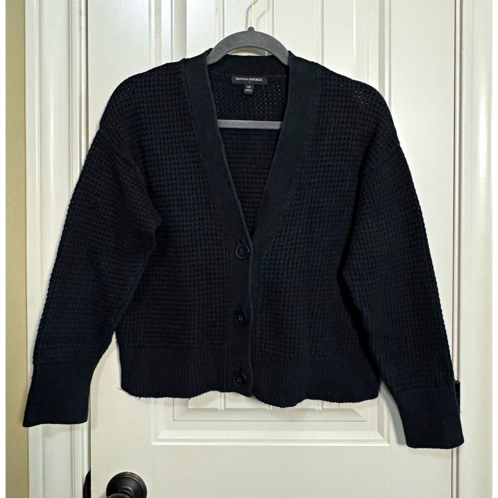 Banana Republic Women Black Waffle Knit Button Crop V-Neck Cotton Cardigan XS